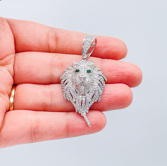 18k SilverFilled Medium Sized Lion Head Pendant With Emerald Green Eyes