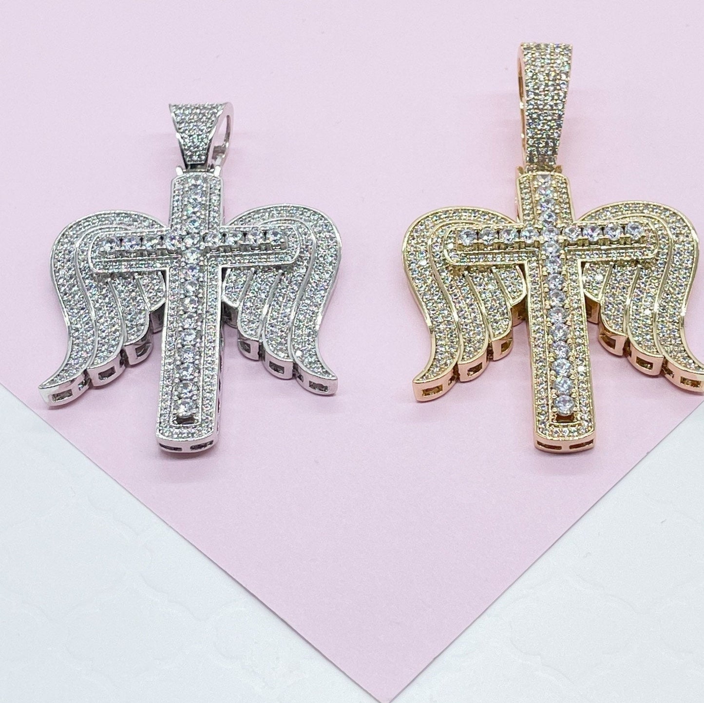 18k Gold & Silver Filled CZ Angel Wings Cross Pendant