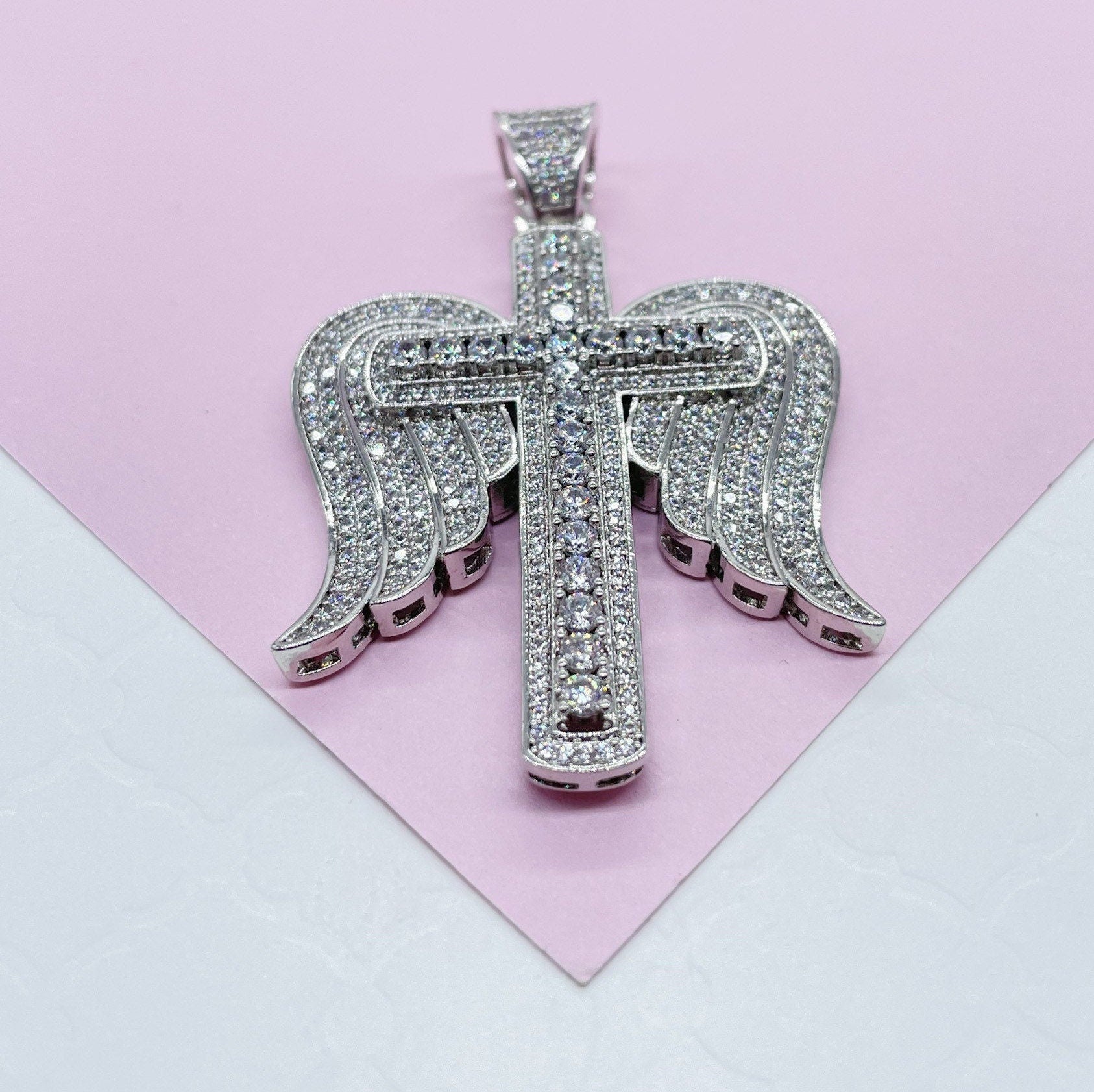 18k Gold & Silver Filled CZ Pave Zirconia Open Angel Wings Angel featuring a Stone Cross in the Center