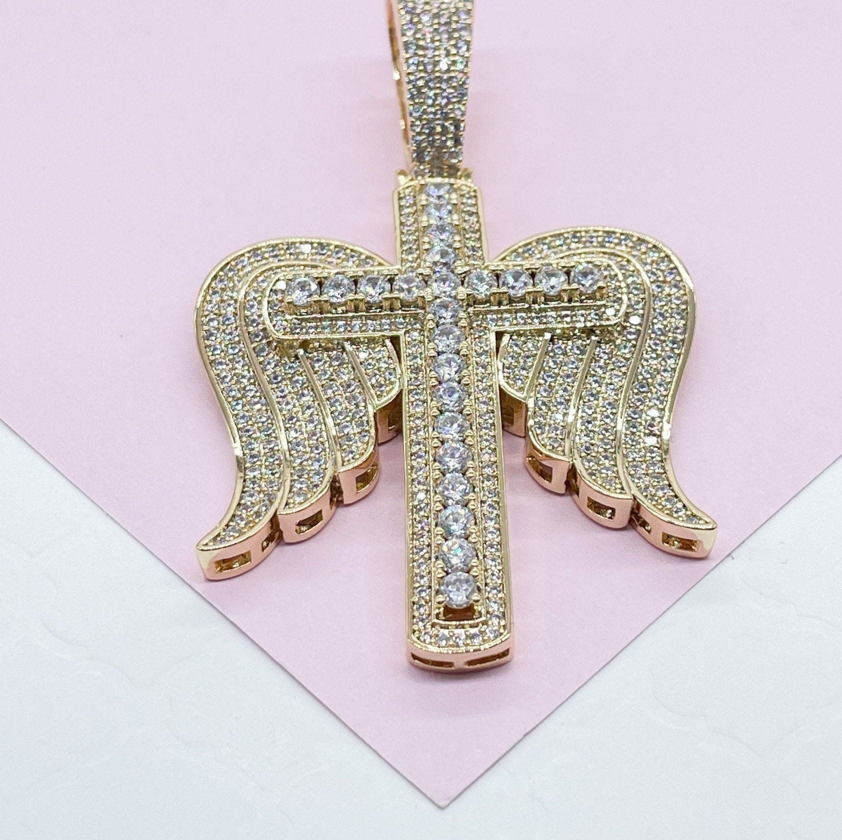 18k Gold & Silver Filled CZ Pave Zirconia Open Angel Wings Angel featuring a Stone Cross in the Center