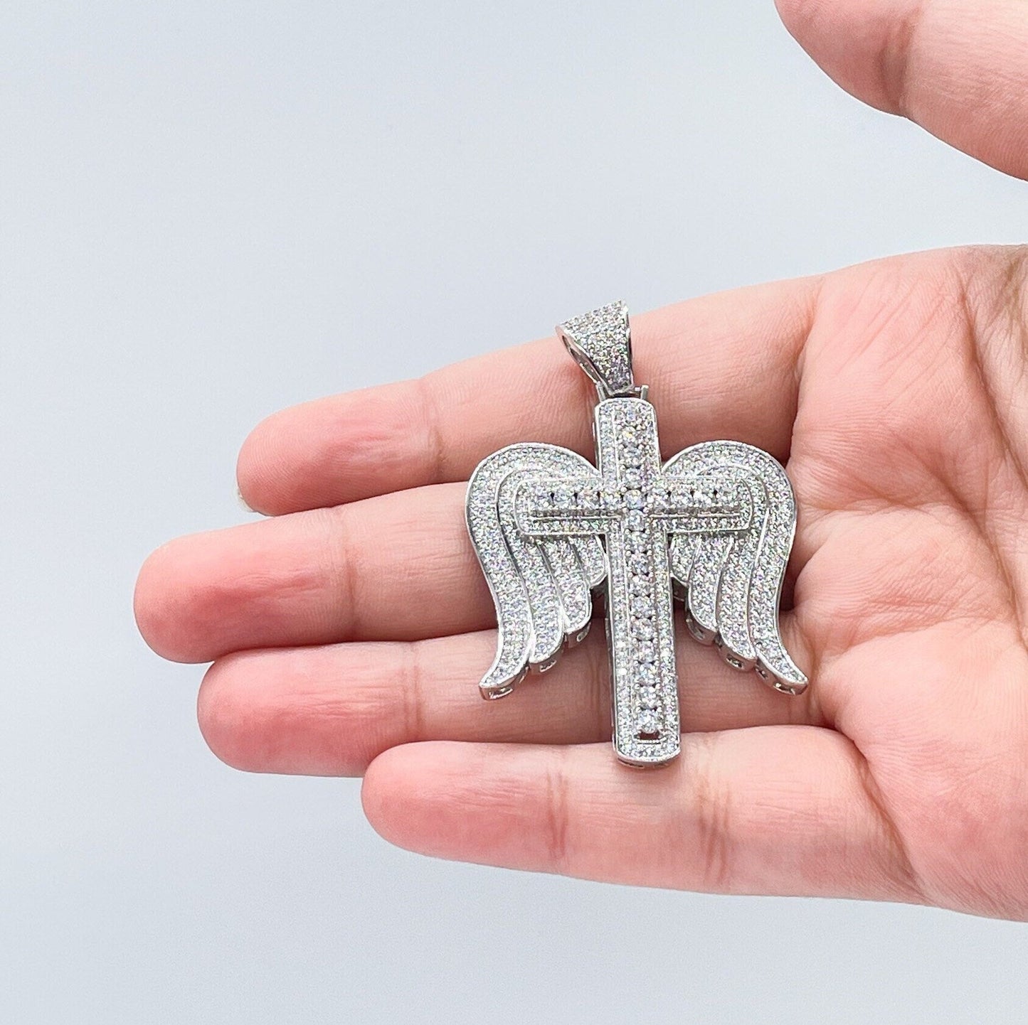 18k Gold & Silver Filled CZ Pave Zirconia Open Angel Wings Angel featuring a Stone Cross in the Center