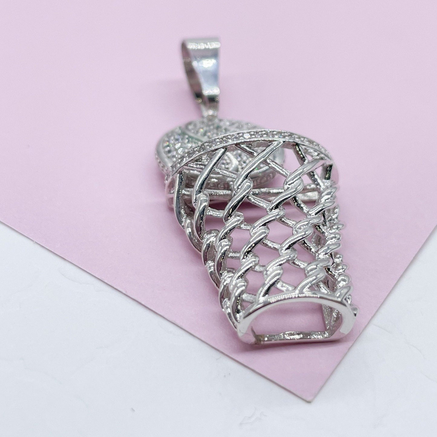 18k Gold Filled Pave Basketball Pendant With Basketball Hoop