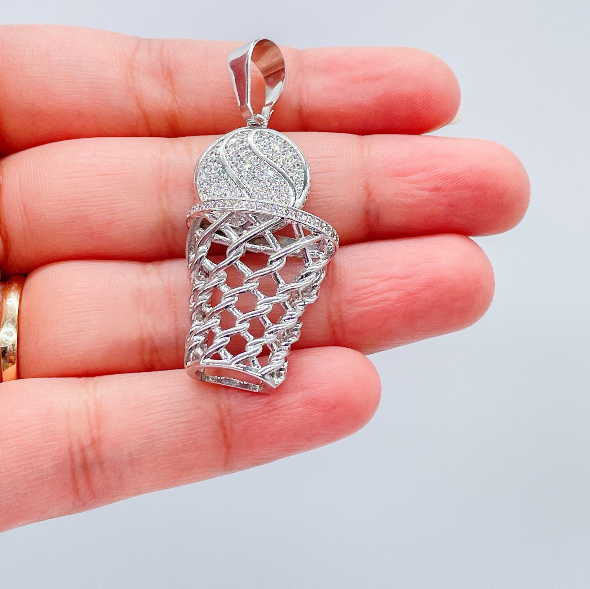 18k Gold Filled Pave Basketball Pendant With Basketball Hoop