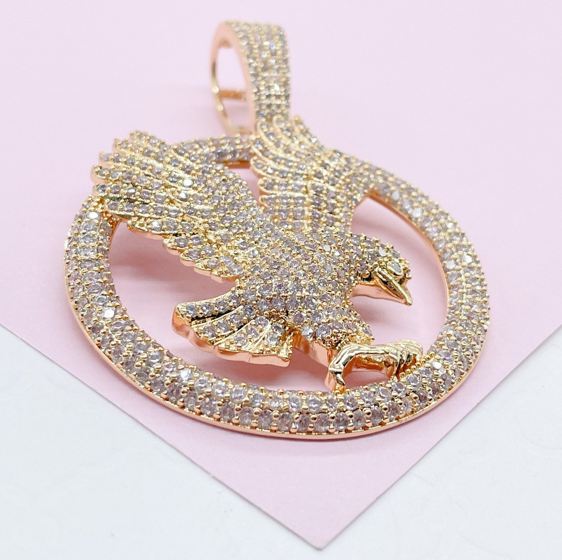 18k Gold Filled Cz Pave Hawk Medal Pendant Bald Eagle Charm
