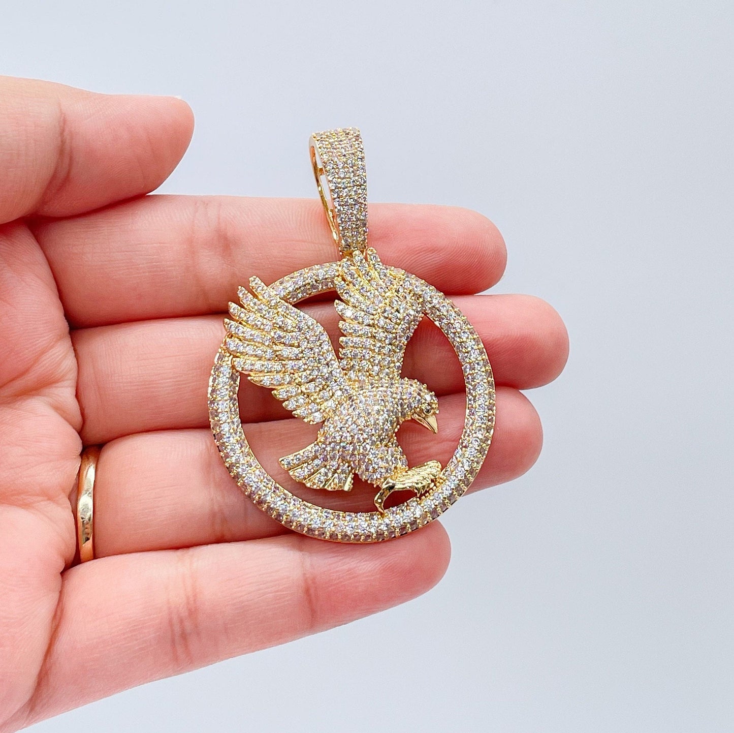 18k Gold Filled Cz Pave Hawk Medal Pendant Bald Eagle Charm