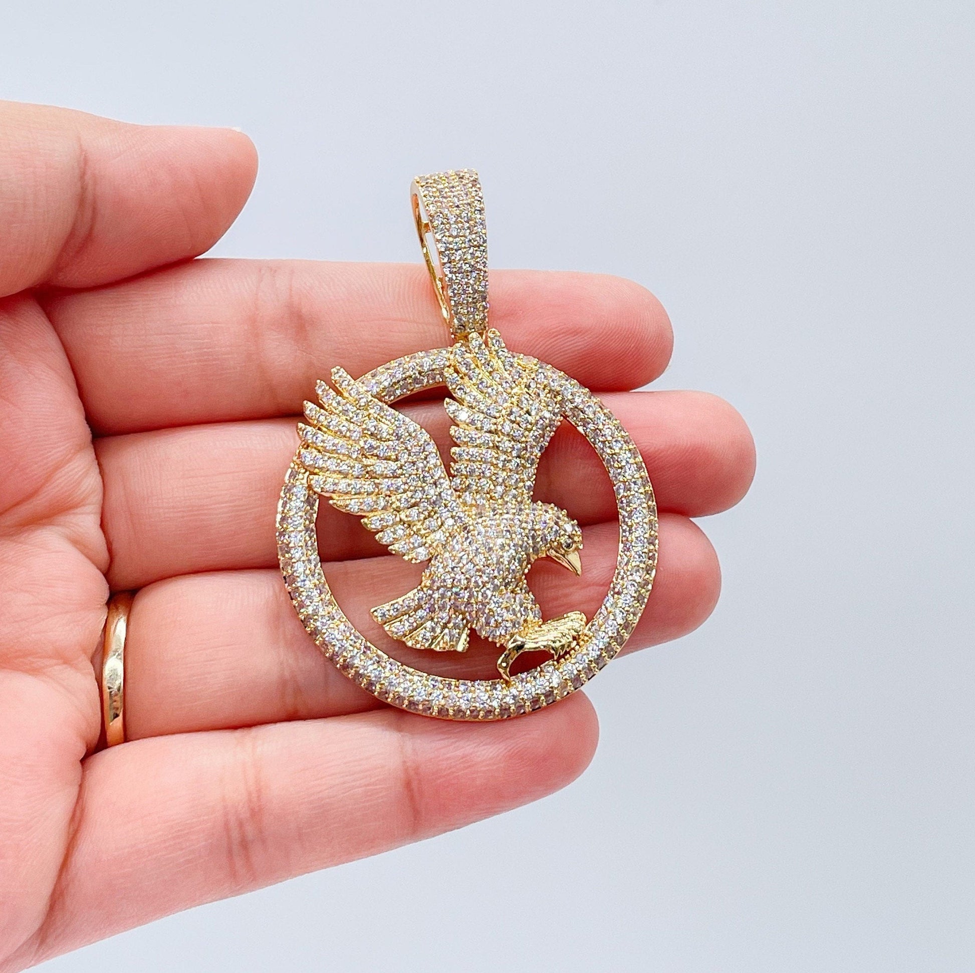 18k Gold Filled Cz Pave Hawk Medal Pendant Bald Eagle Charm