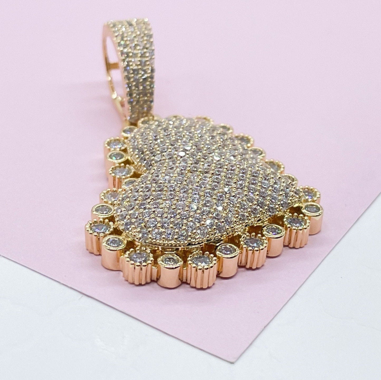 18k Gold Filled CZ Pave Large Puffy Heart Charm Pendant Crowned with Small Circle Zirconia