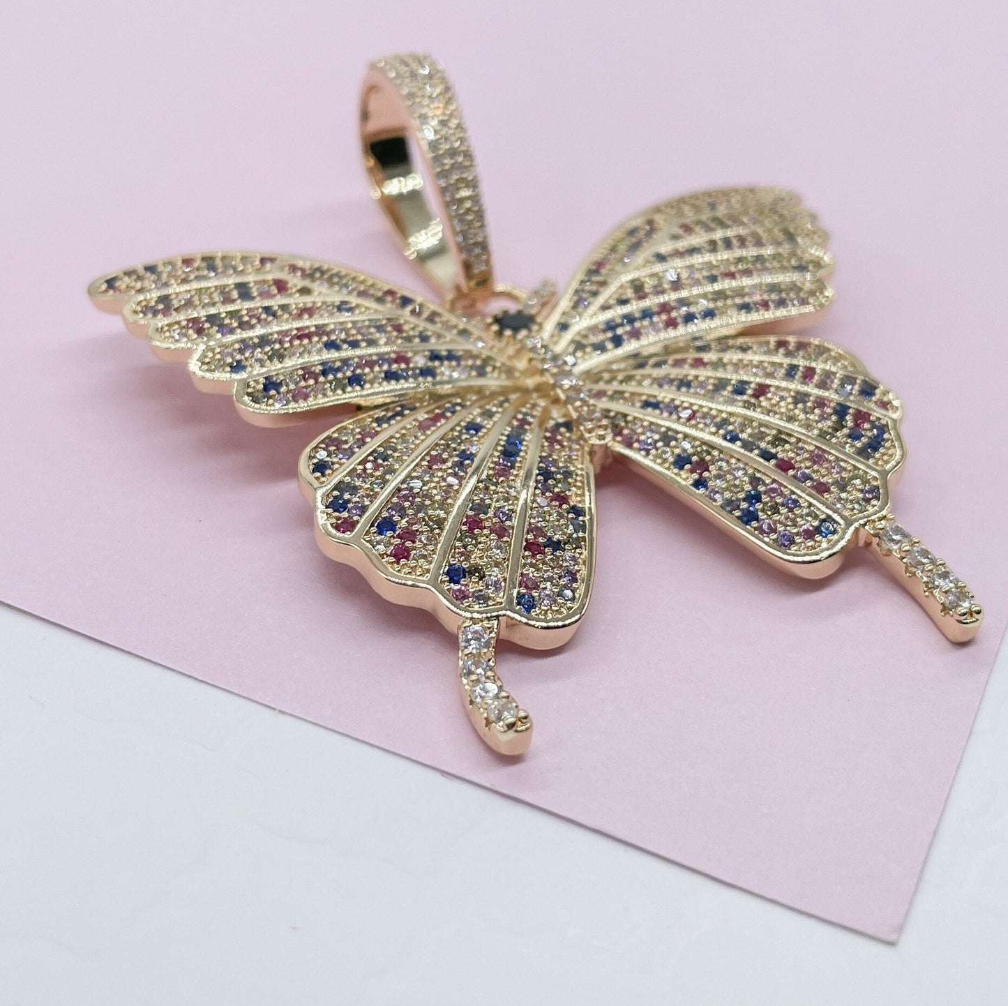 18k Gold Filled Colorful CZ Pave Extra-Large Butterfly Pendant