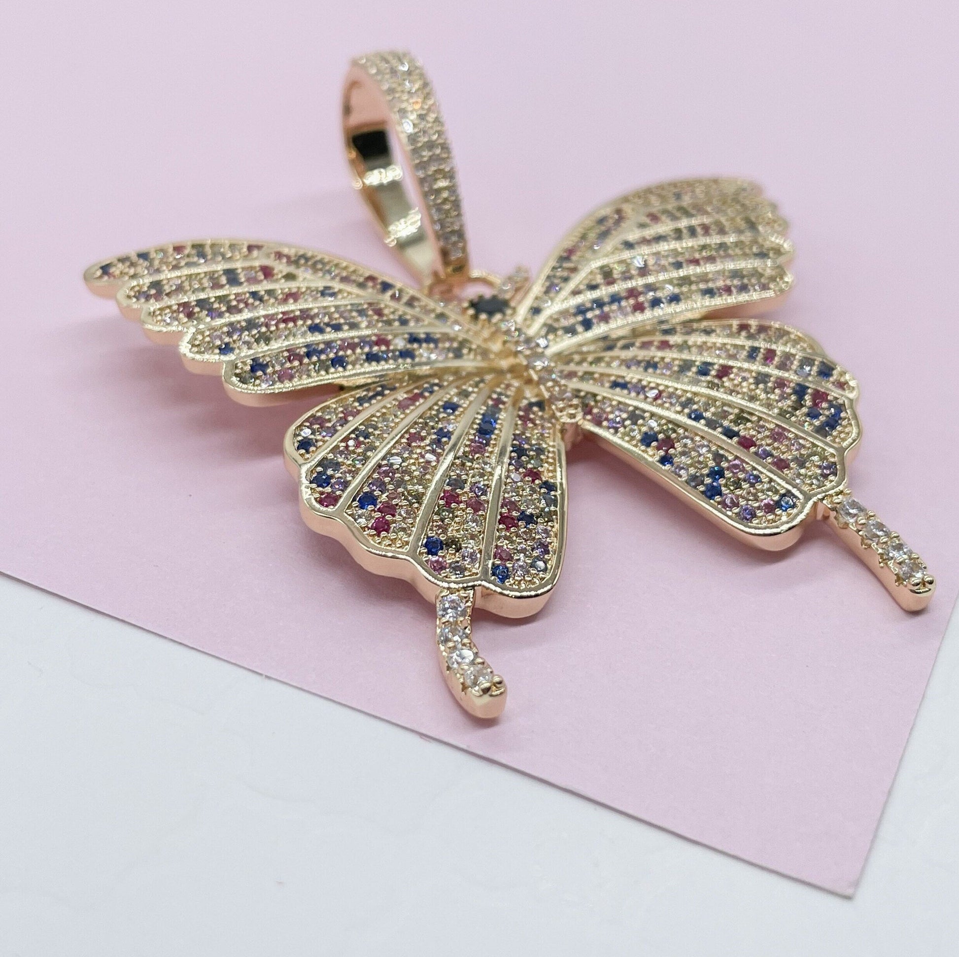 18k Gold Filled Colorful CZ Pave Extra-Large Butterfly Pendant
