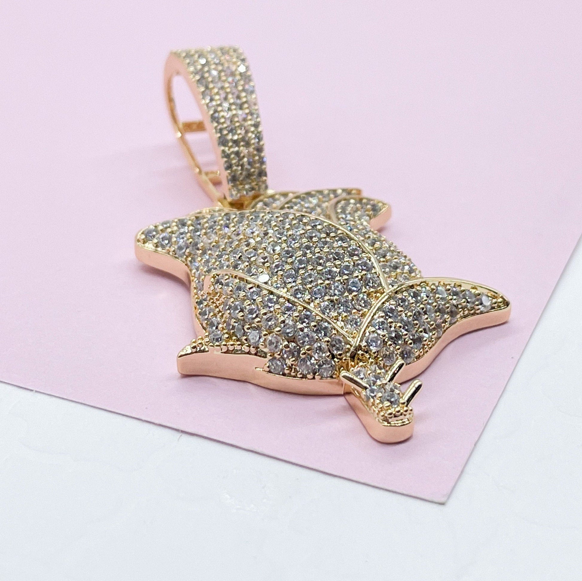 18k Gold Filled Large White CZ Pave Rose Pendant