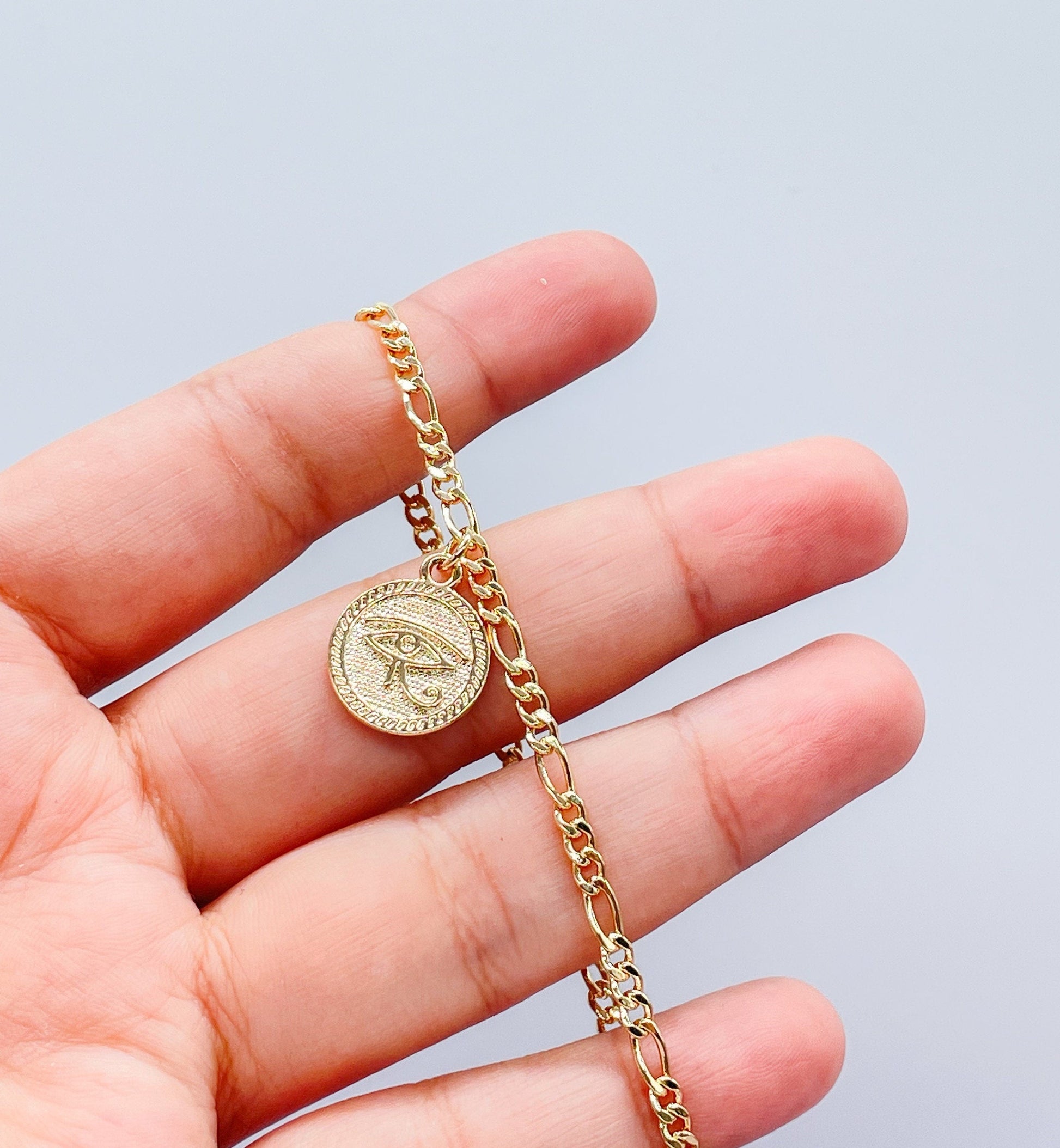 18k Gold Filled Figaro Link Bracelet With Eye Charm in Center