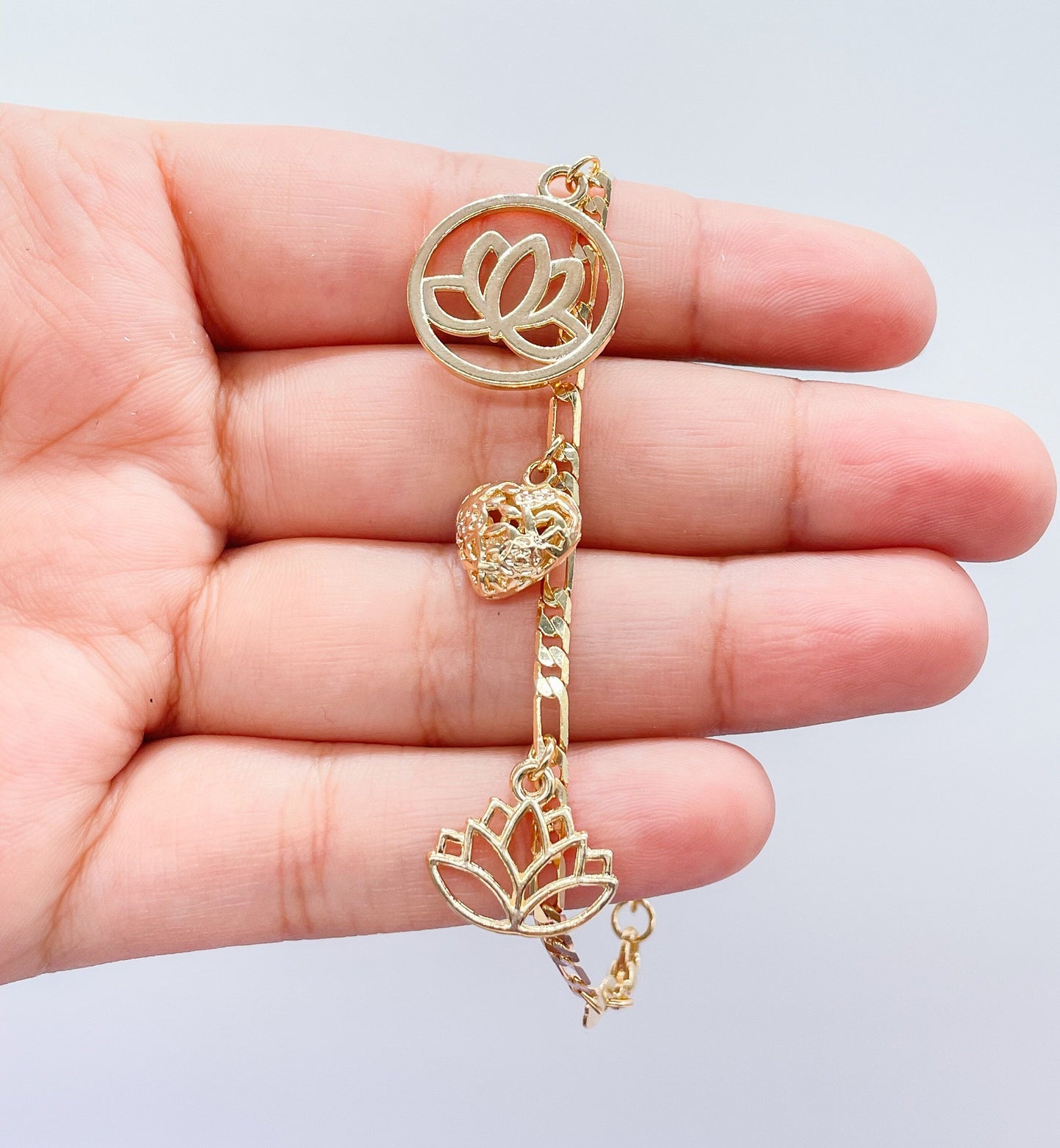 18k Gold Filled Figaro Link Bracelet With Lotus Flower Heart and Leaf Charms