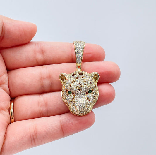 18k Gold Filled Micro Pavê Zirconia Panther Head With Emerald Green Eyes