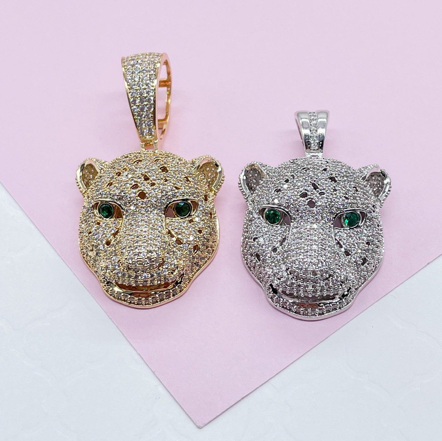 18k Gold Filled Micro Pavê Zirconia Panther Head With Emerald Green Eyes