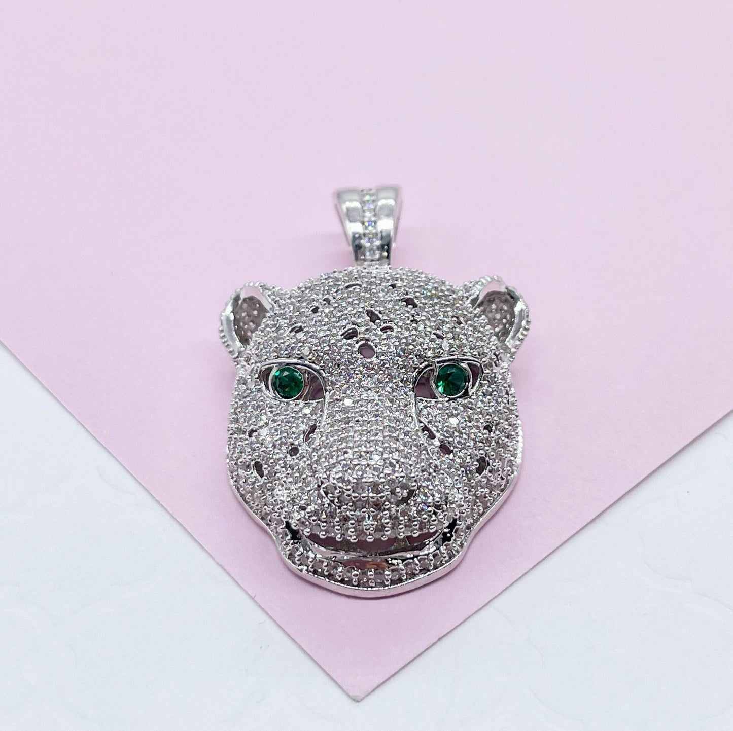 18k Gold Filled Micro Pavê Zirconia Panther Head With Emerald Green Eyes