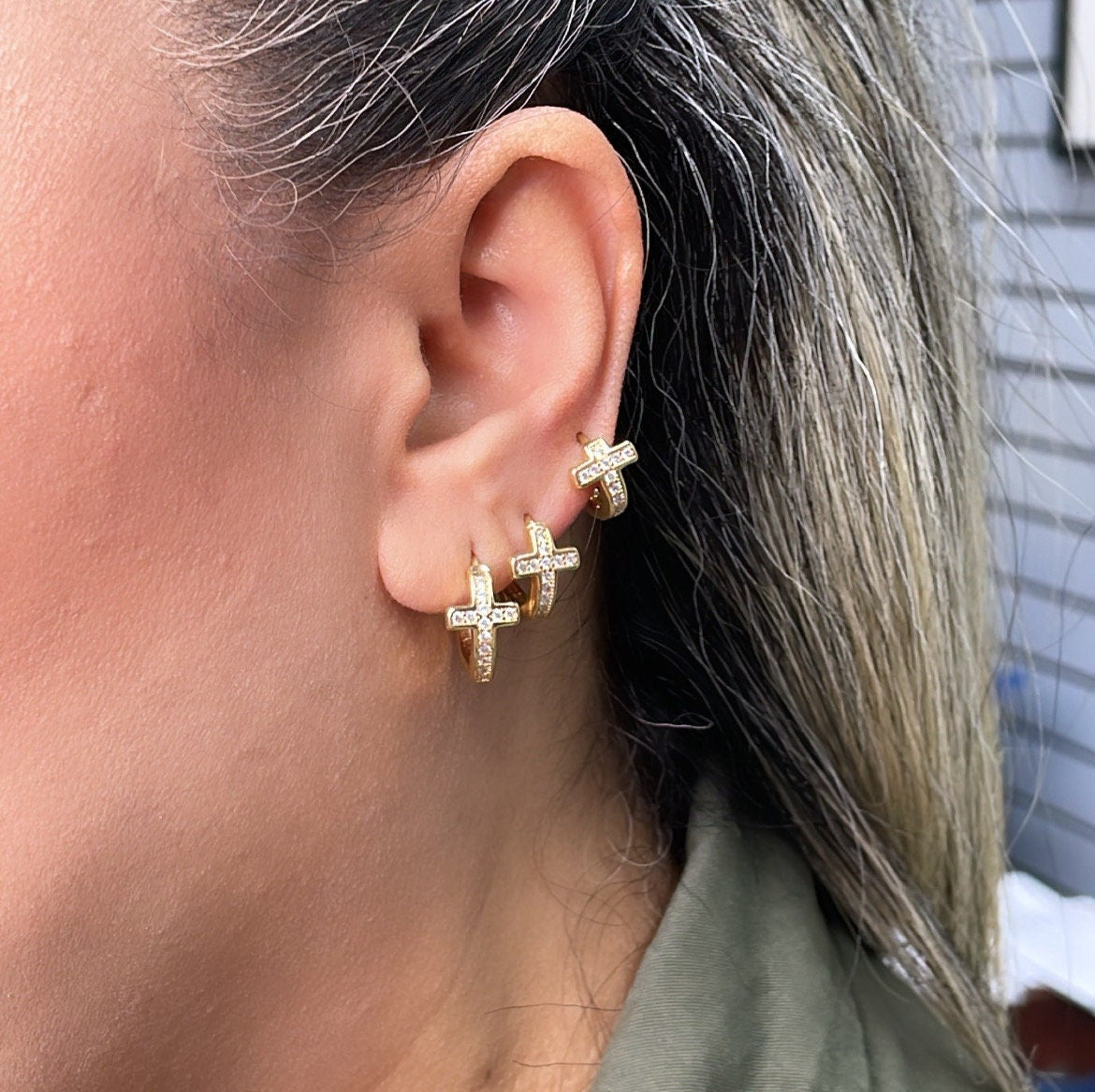18k Gold Filled Set of 3 Cross Huggie Earrings
