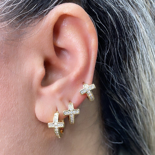 18k Gold Filled Set of 3 Cross Huggie Earrings