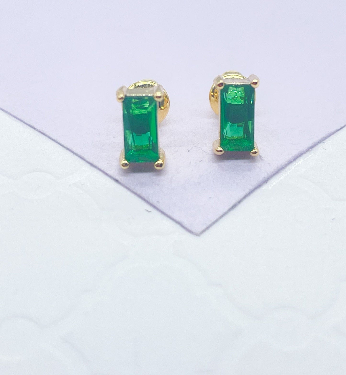 18k GoldFilled Baguette Tiny Emerald Stud