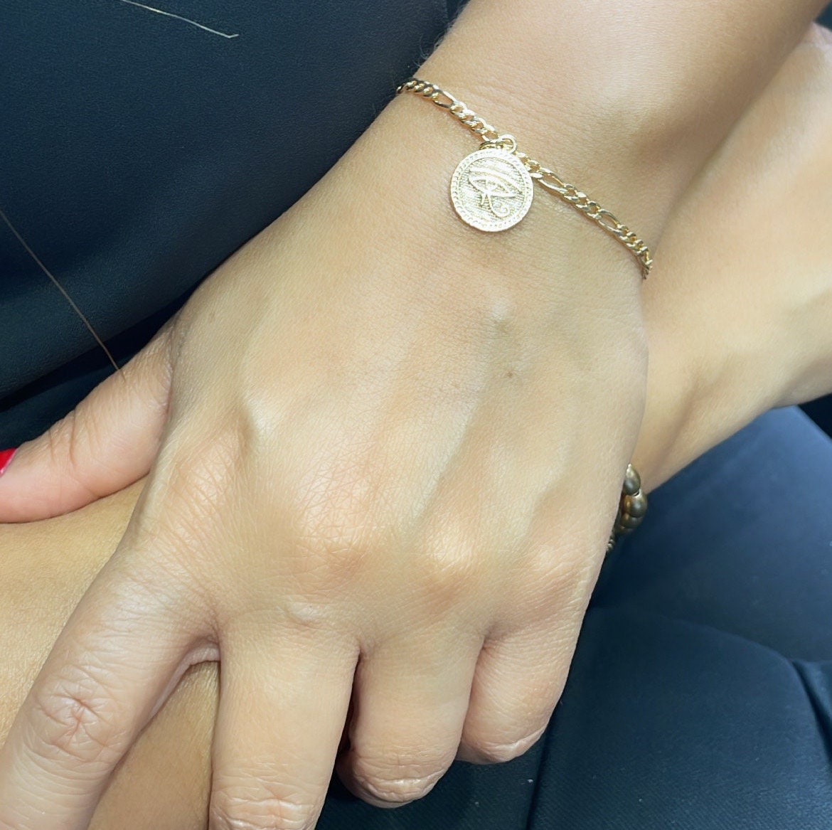18k Gold Filled Figaro Link Bracelet With Eye Charm in Center