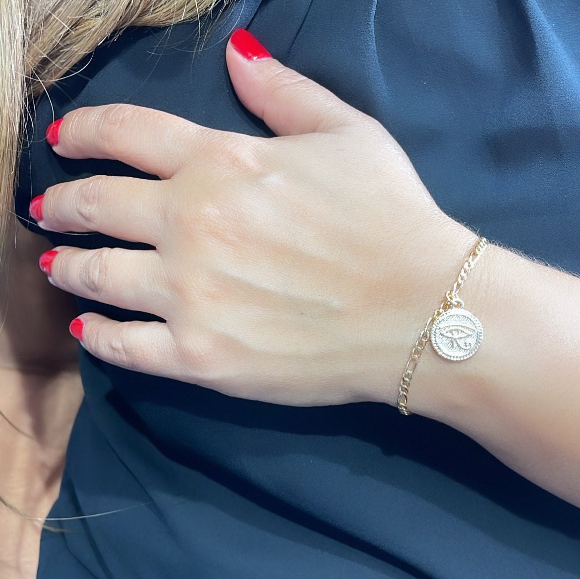 18k Gold Filled Figaro Link Bracelet With Eye Charm in Center