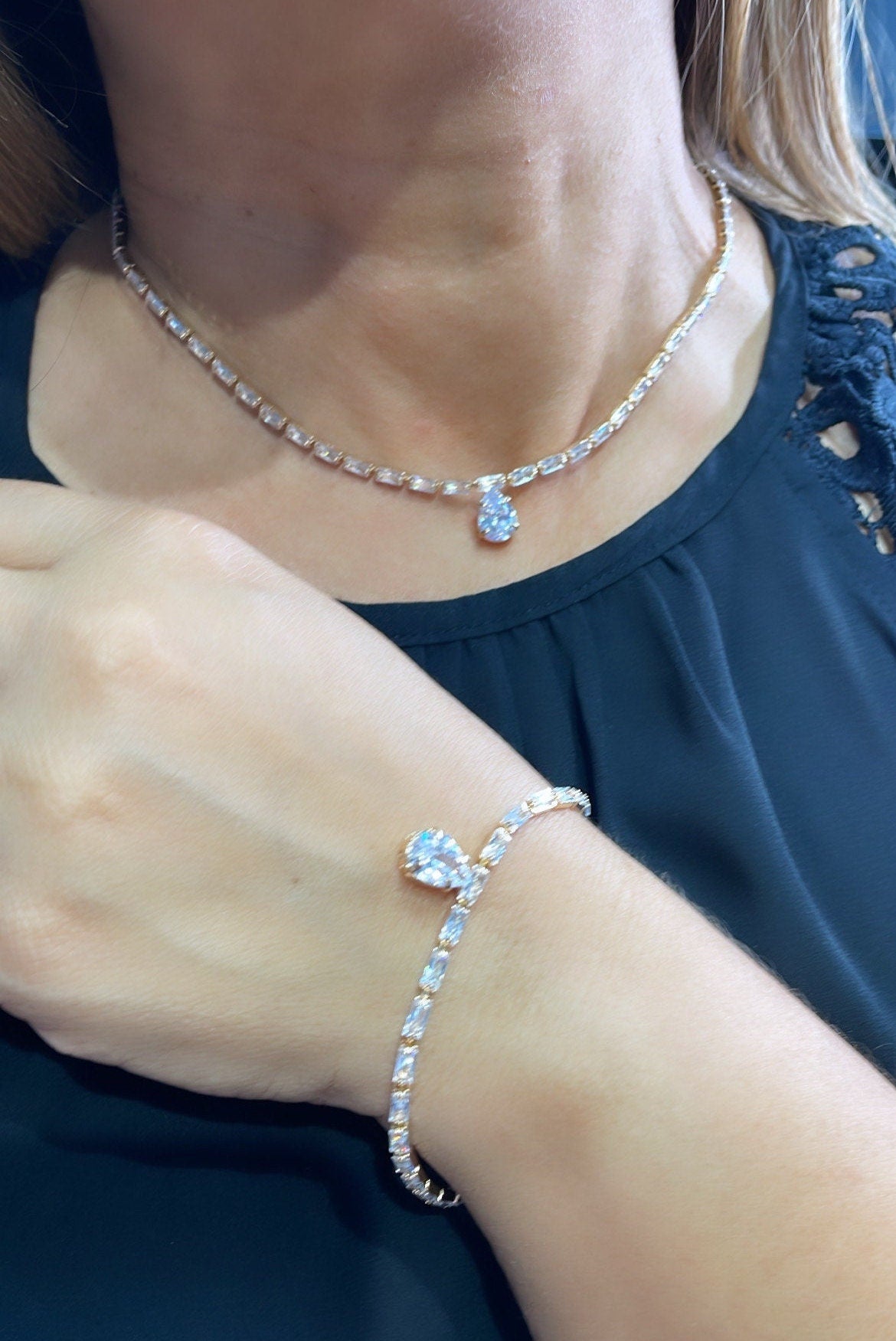 18k GoldFilled Baguette CZ Stone Set With Pear Shaped Stone in Center