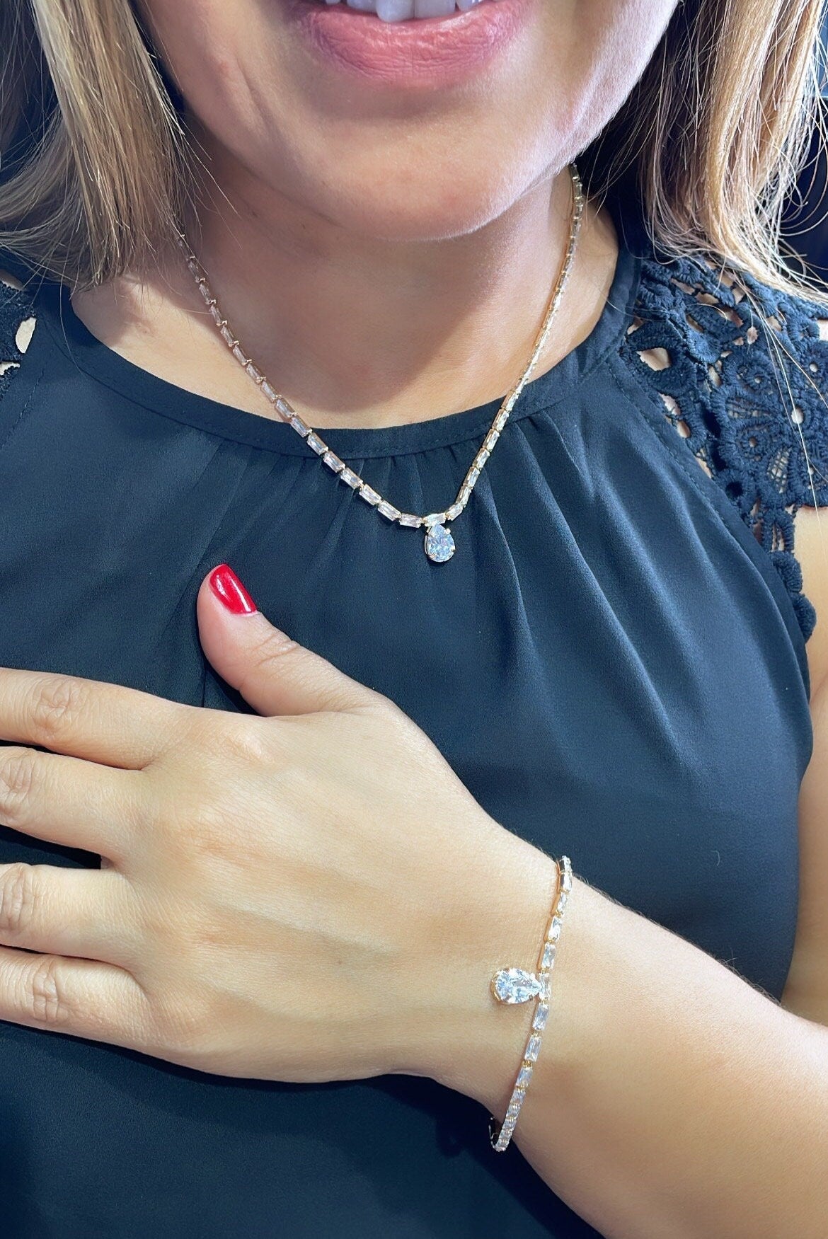 18k GoldFilled Baguette CZ Stone Set With Pear Shaped Stone in Center