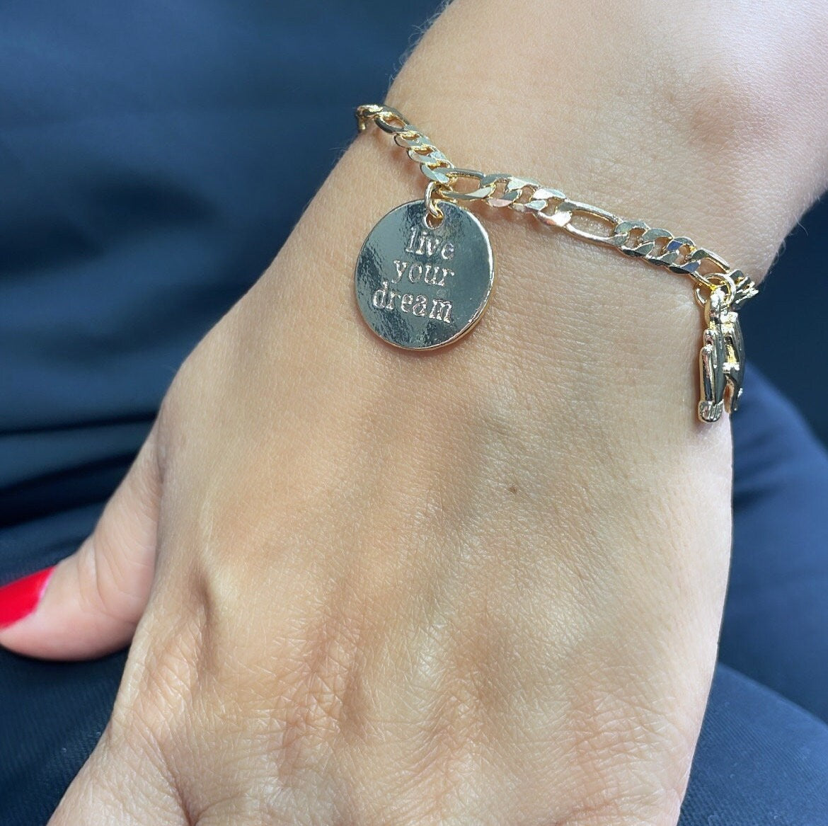 18k Gold Filled Figaro Link Charm Bracelet With Girly and Encouragement Charms