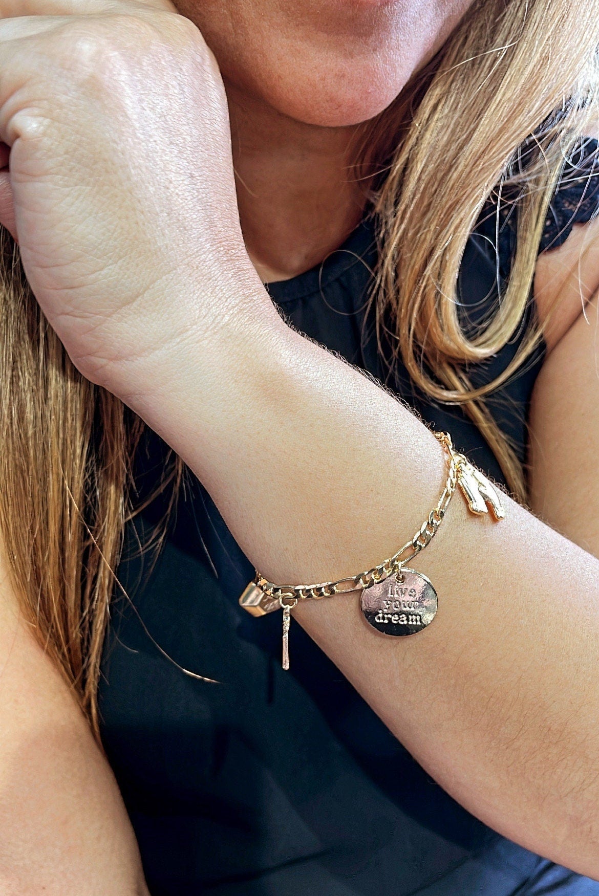 18k Gold Filled Figaro Link Charm Bracelet With Girly and Encouragement Charms