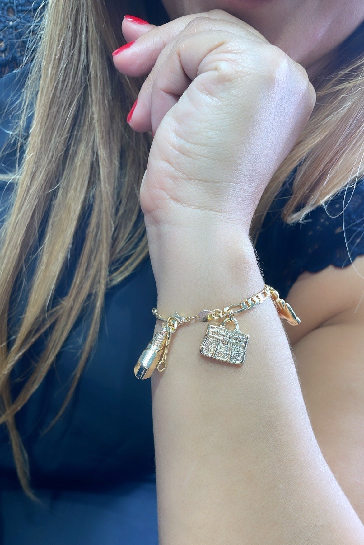 18k Gold Filled Figaro Link Charm Bracelet With Girly and Encouragement Charms