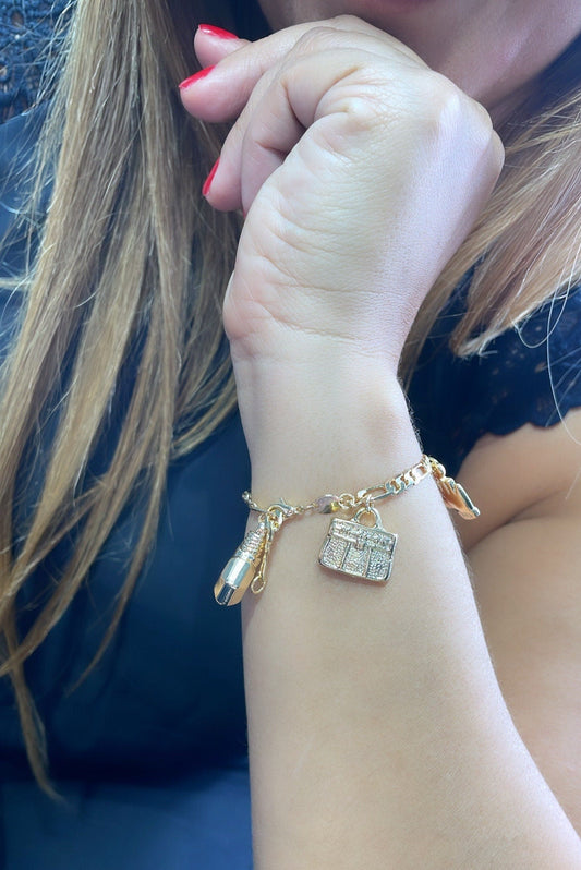 18k Gold Filled Figaro Link Charm Bracelet With Girly and Encouragement Charms