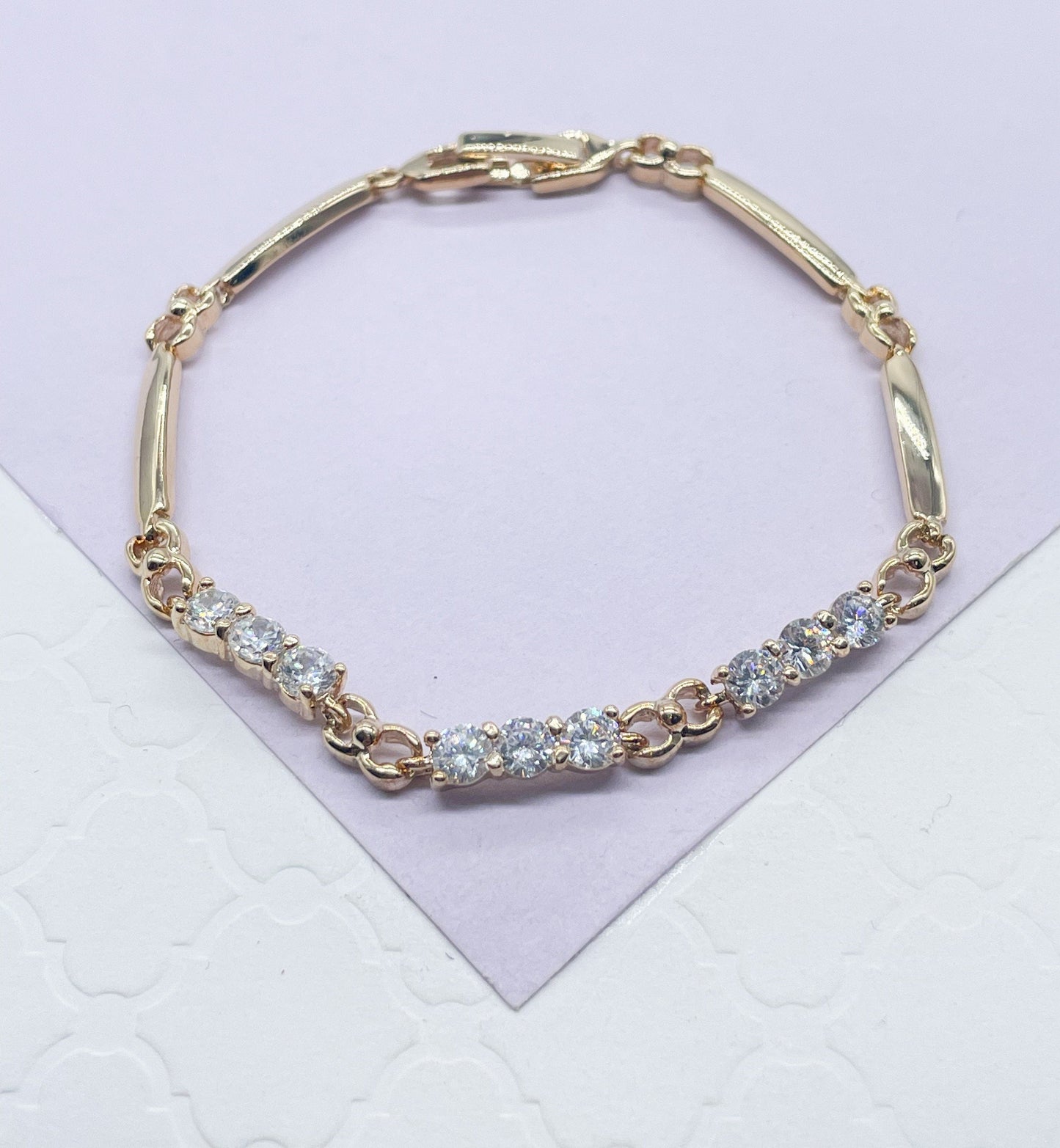 18k Gold Filled Smooth Delicate Bracelet with Interlocked groups of 3 CZ Stones