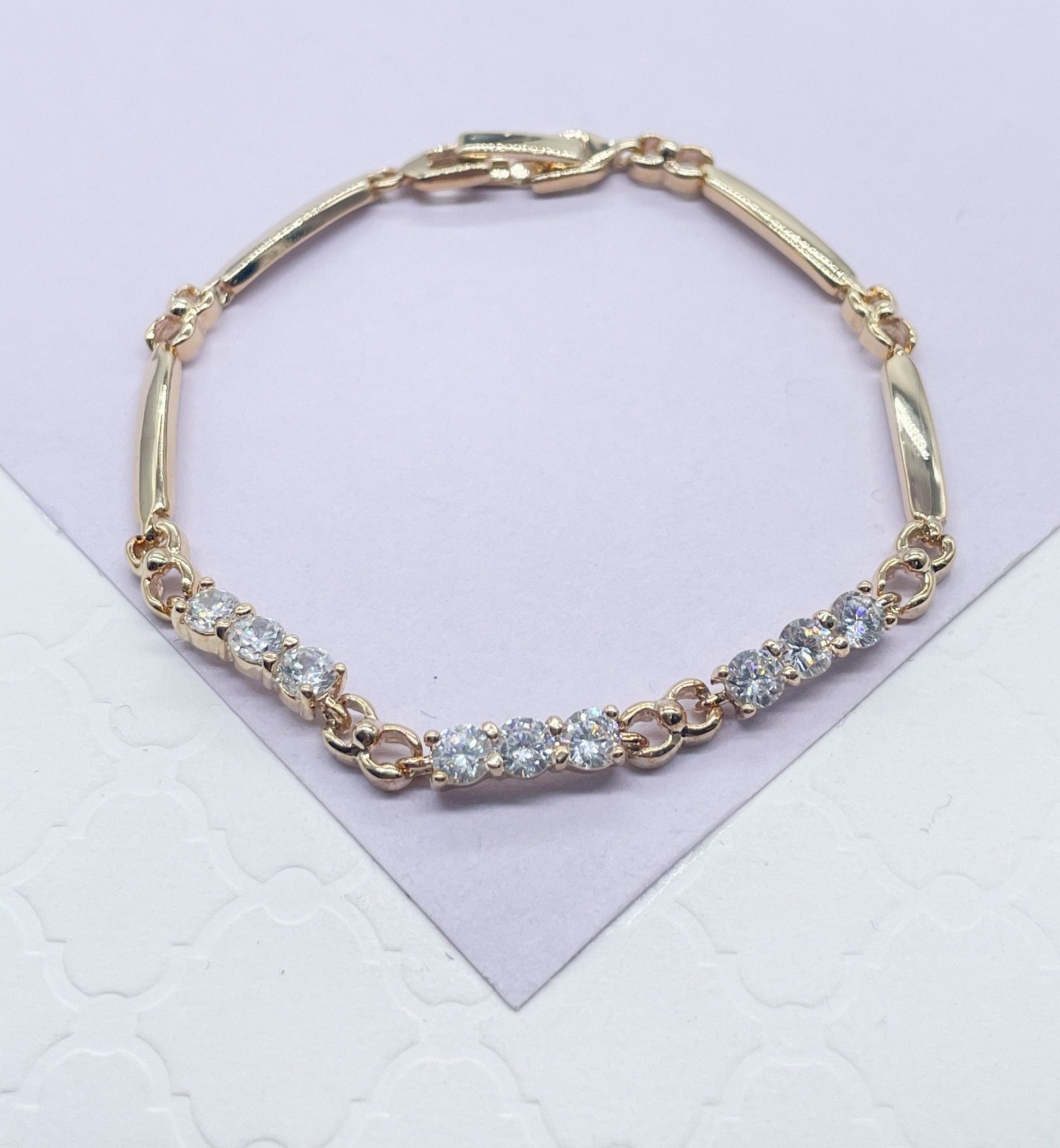18k Gold Filled Smooth Delicate Bracelet with Interlocked groups of 3 CZ Stones