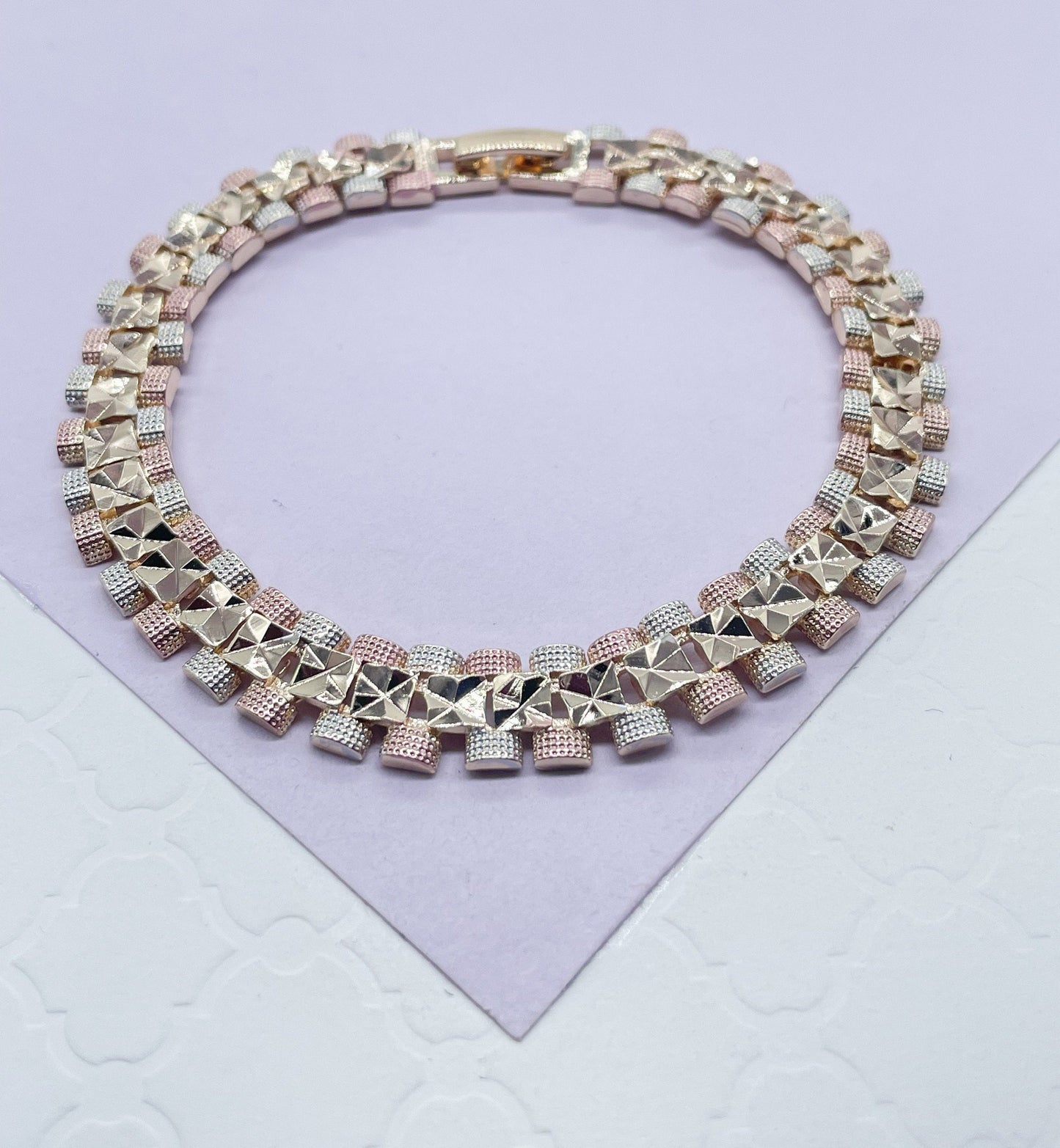 18k GoldFilled Tri-Colored Square Diamond Cut Patterned Textured Bracelet
