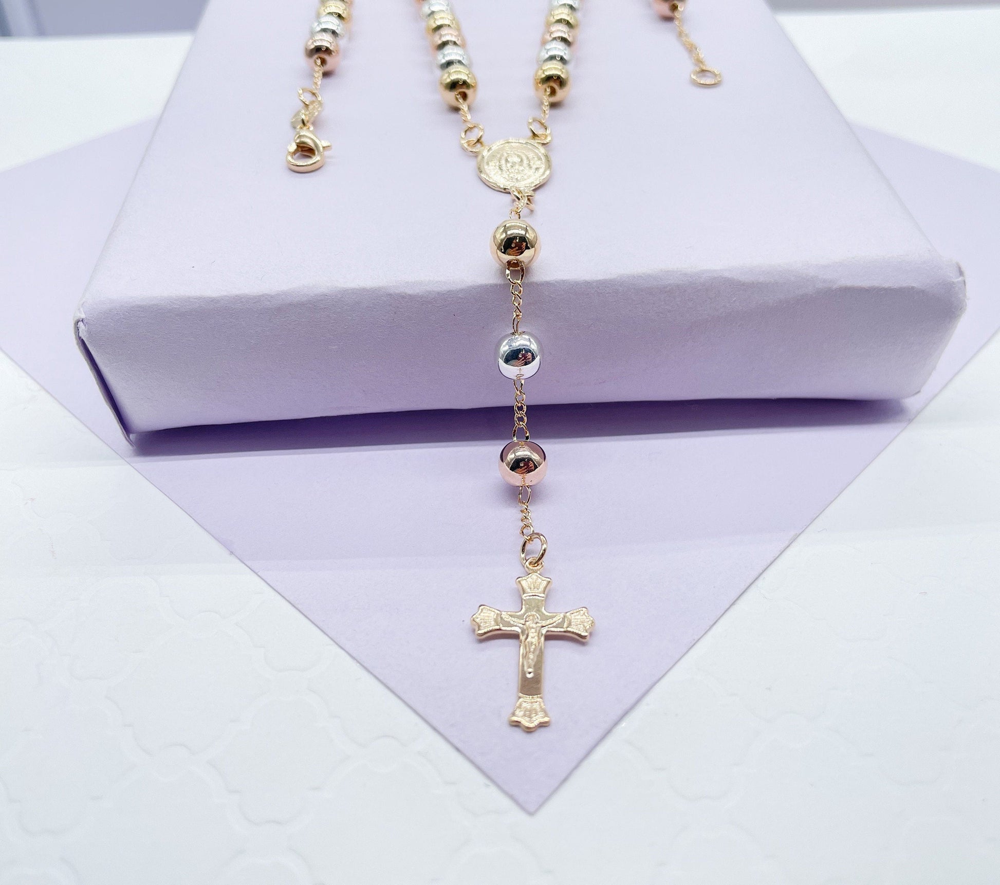 18k Gold Filled Tri-Colored Rosary With Virgin Mary Medal and Crucifix