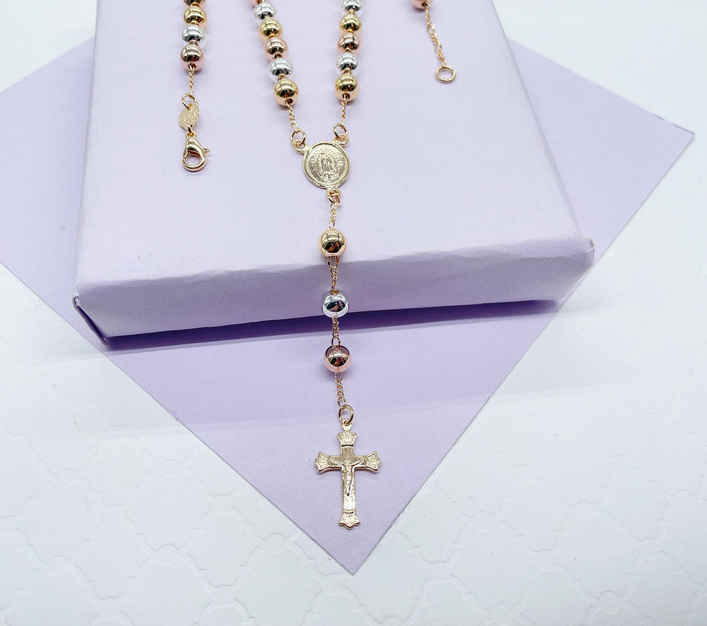 18k Gold Filled Tri-Colored Rosary With Virgin Mary Medal and Crucifix