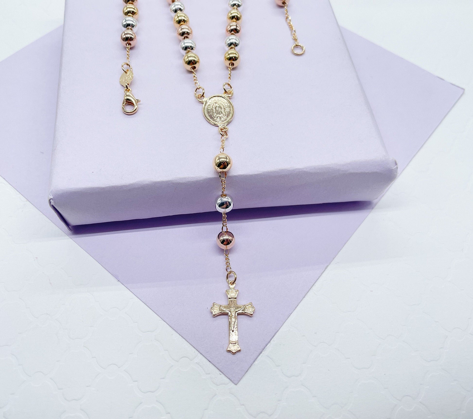 18k Gold Filled Tri-Colored Rosary With Virgin Mary Medal and Crucifix