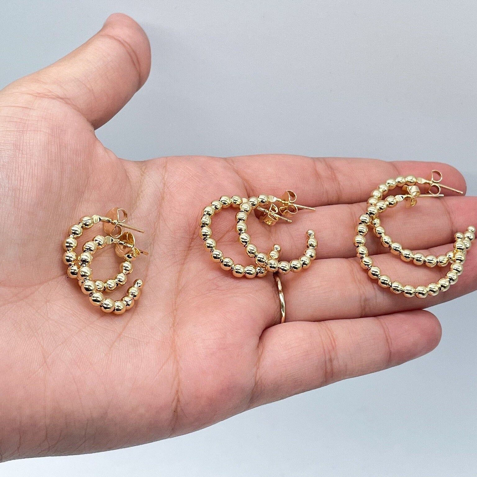 18k Gold Filled 3mm Ball Beaded Hoop Earrings, Everyday Wear Hoops, all sizes