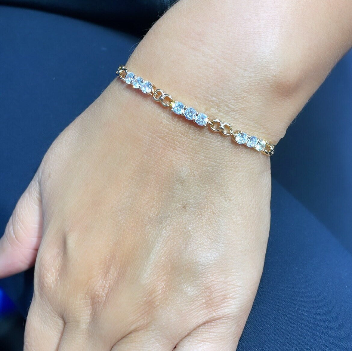 18k Gold Filled Smooth Delicate Bracelet with Interlocked groups of 3 CZ Stones