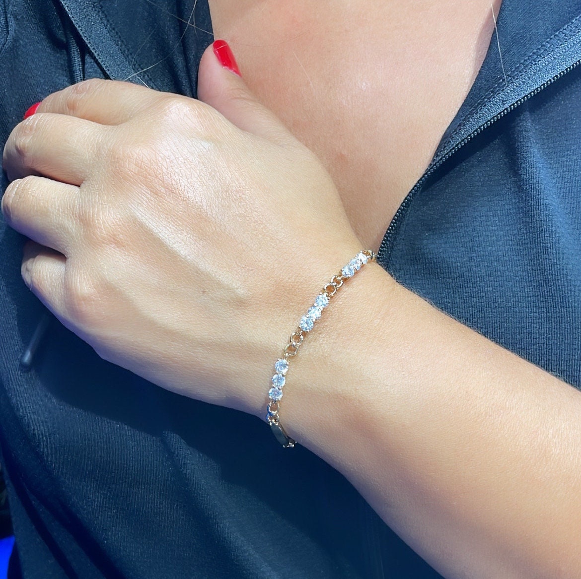 18k Gold Filled Smooth Delicate Bracelet with Interlocked groups of 3 CZ Stones