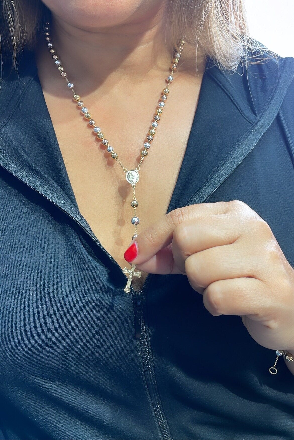 18k Gold Filled Tri-Colored Rosary With Virgin Mary Medal and Crucifix