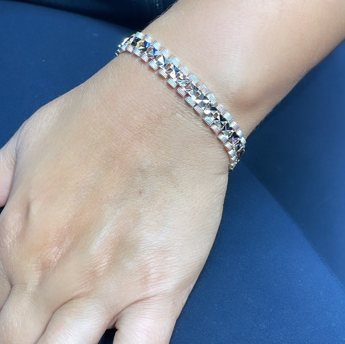 18k GoldFilled Tri-Colored Square Diamond Cut Patterned Textured Bracelet