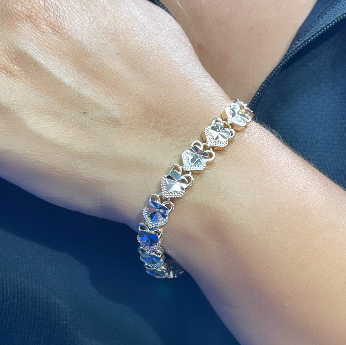 18k GoldFilled Tri-Colored Diamond Cut Heart Bracelet