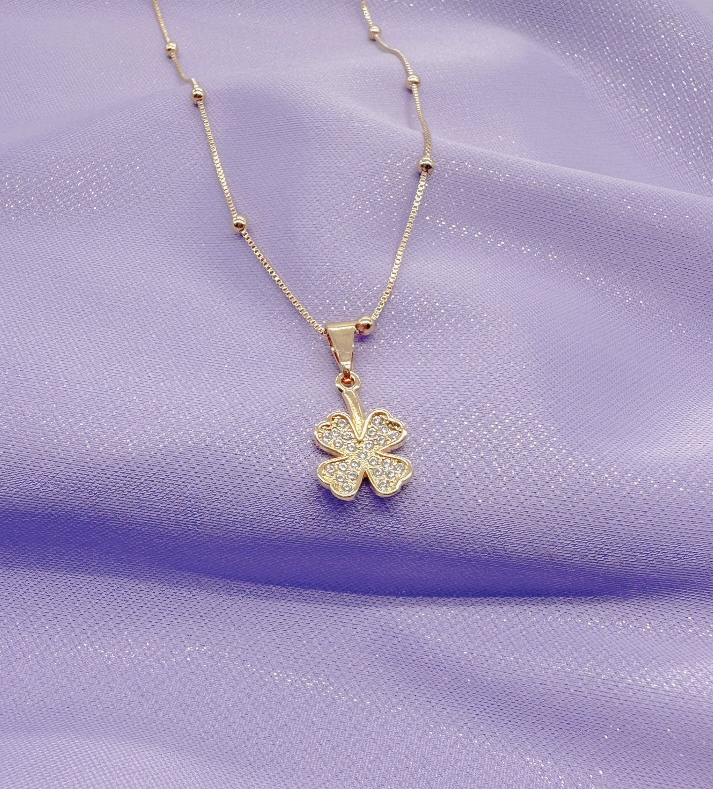 18k Gold Filled Four Leaf Clover Pave Pendant with Satelite Chain