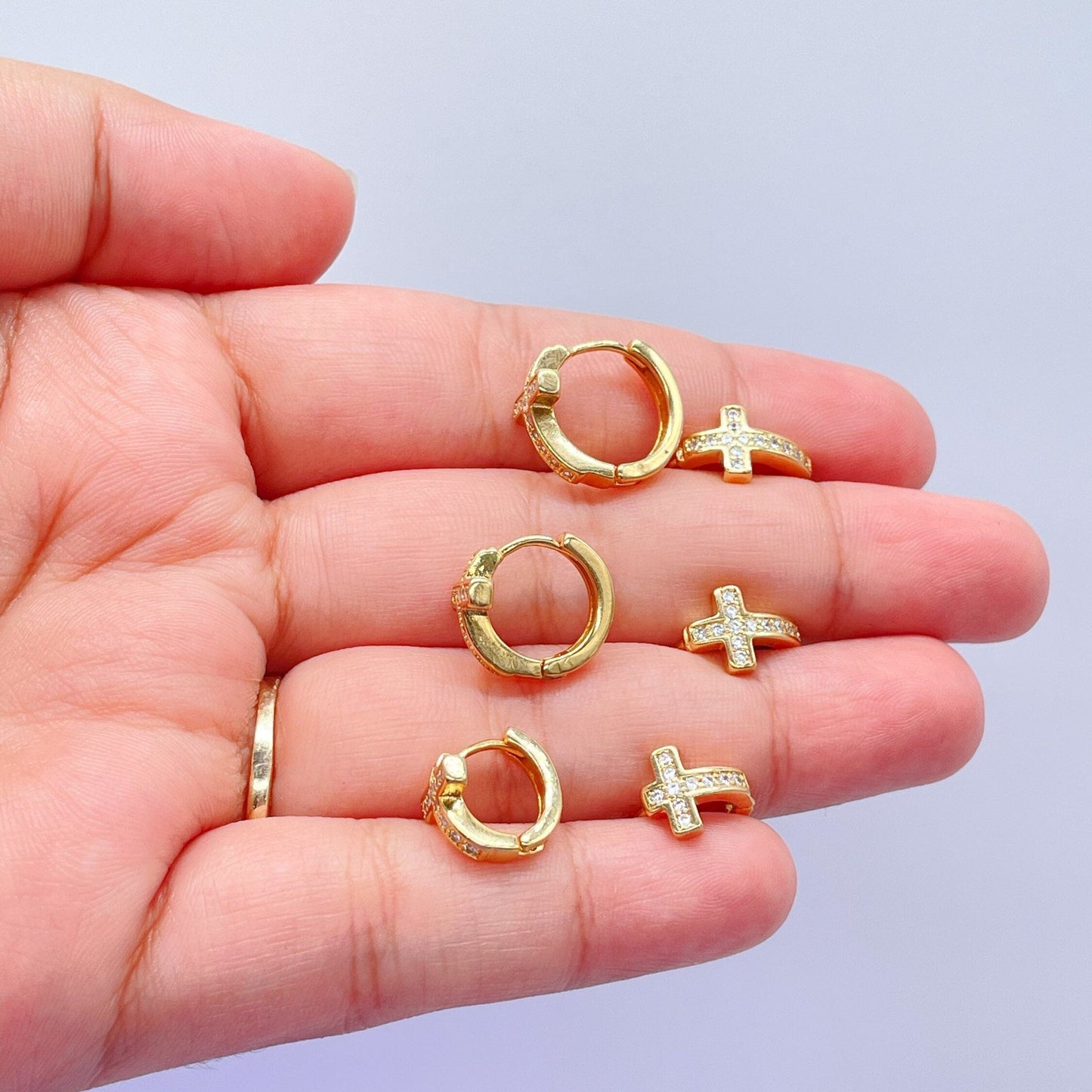 18k Gold Filled Set of 3 Cross Huggie Earrings