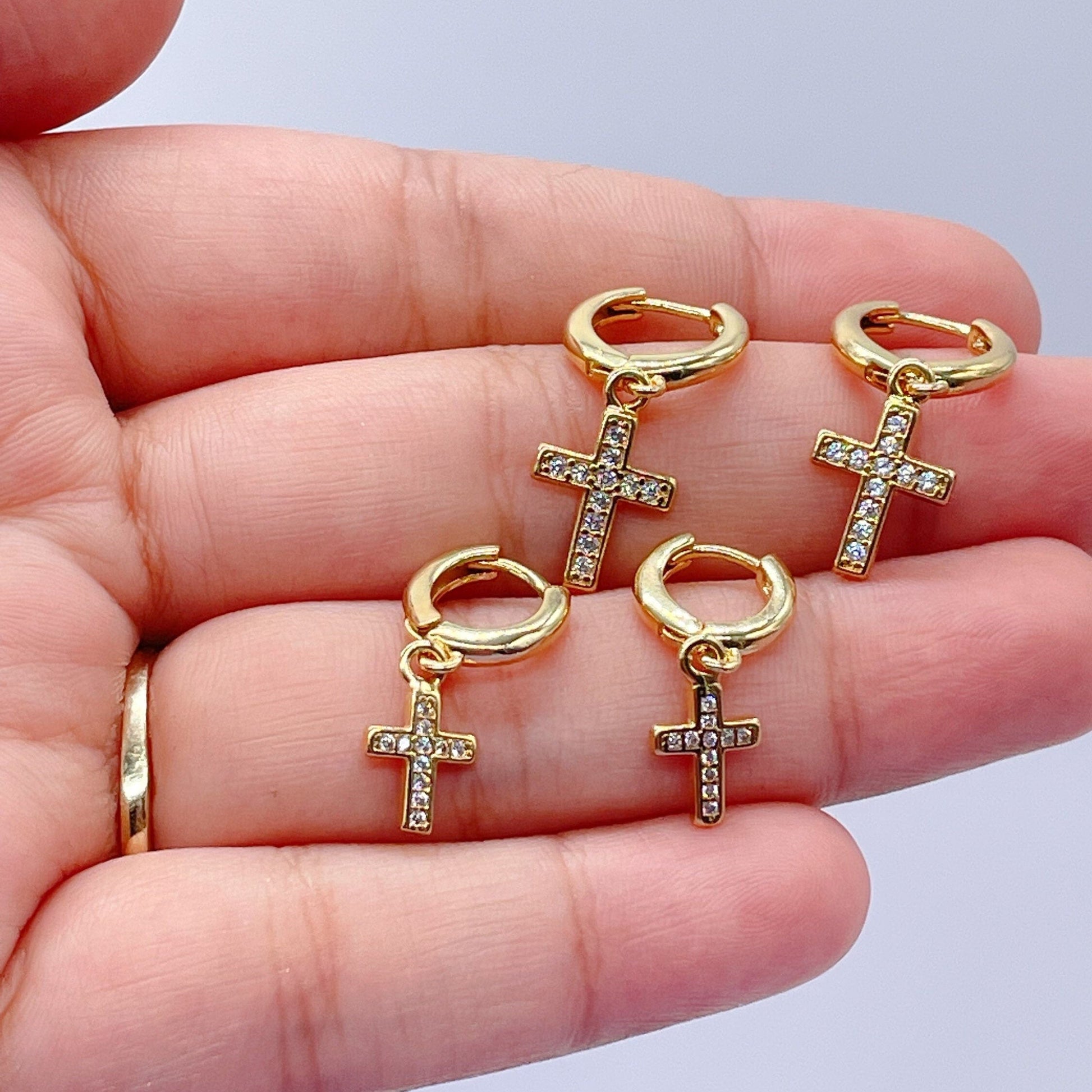 18k Gold Filled Set Of 2 Dangling Pave Cross Hoop Earrings