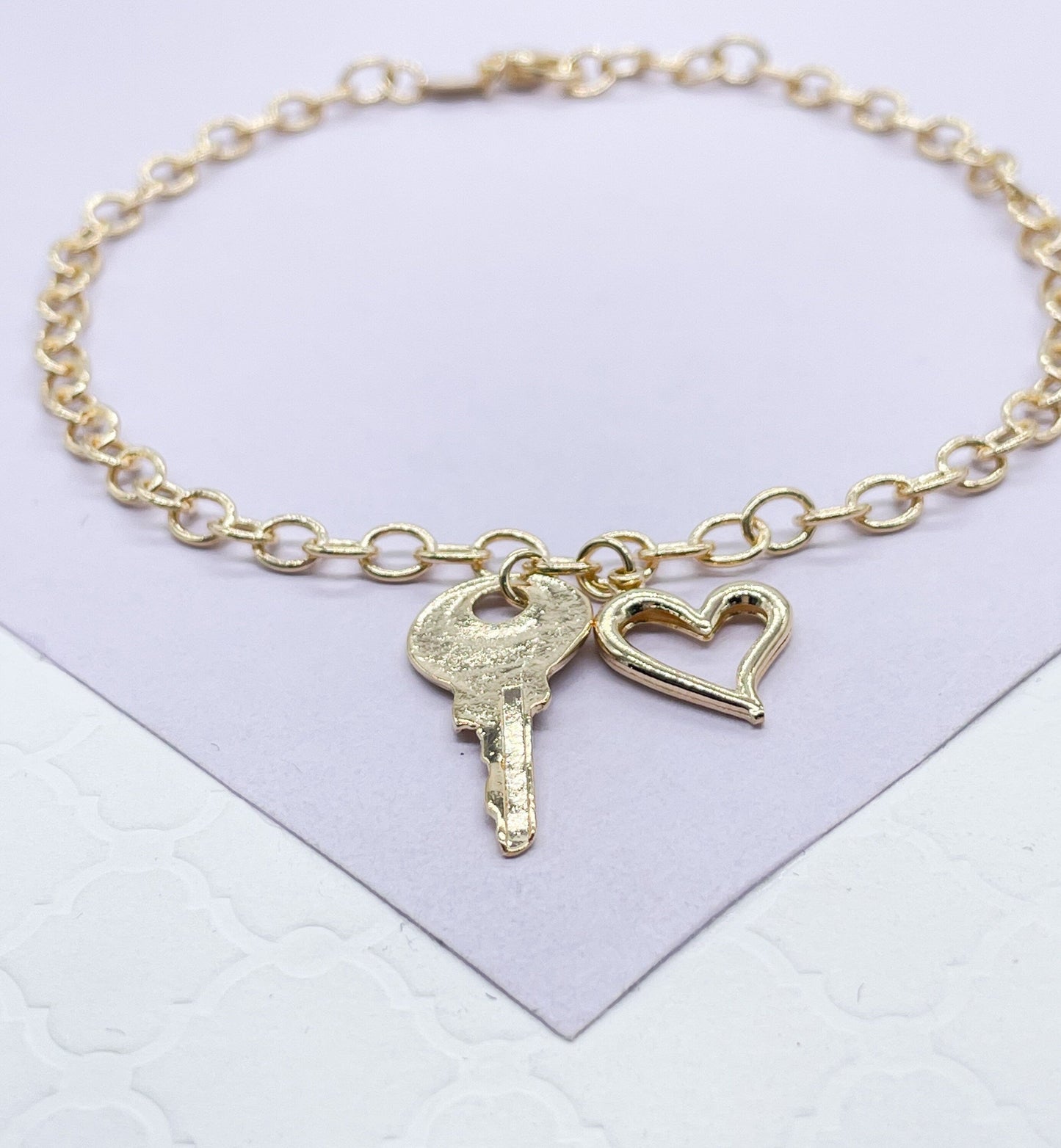 18k Gold Filled Dainty Curb Link Anklet With Heart and Key