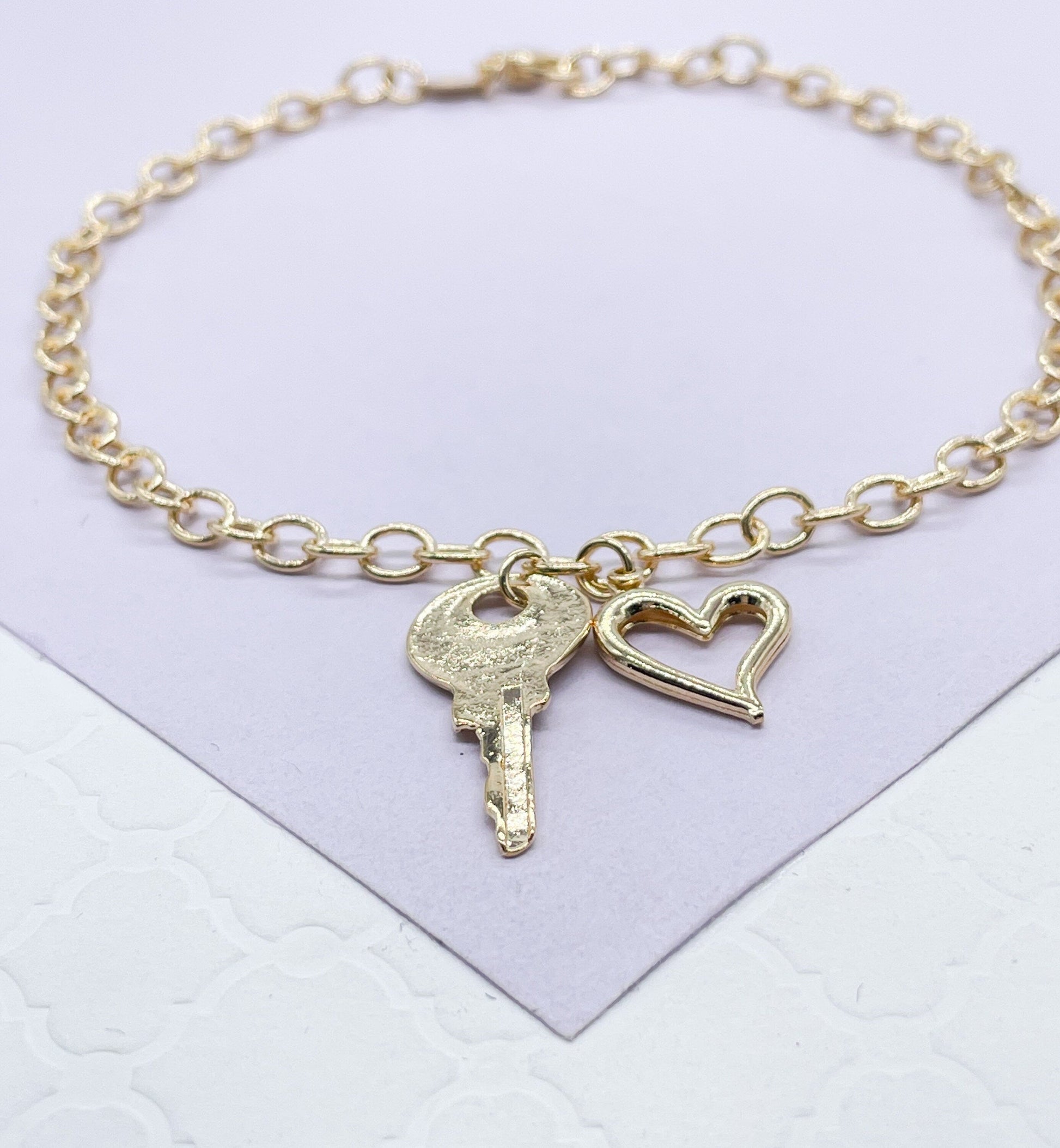 18k Gold Filled Dainty Curb Link Anklet With Heart and Key
