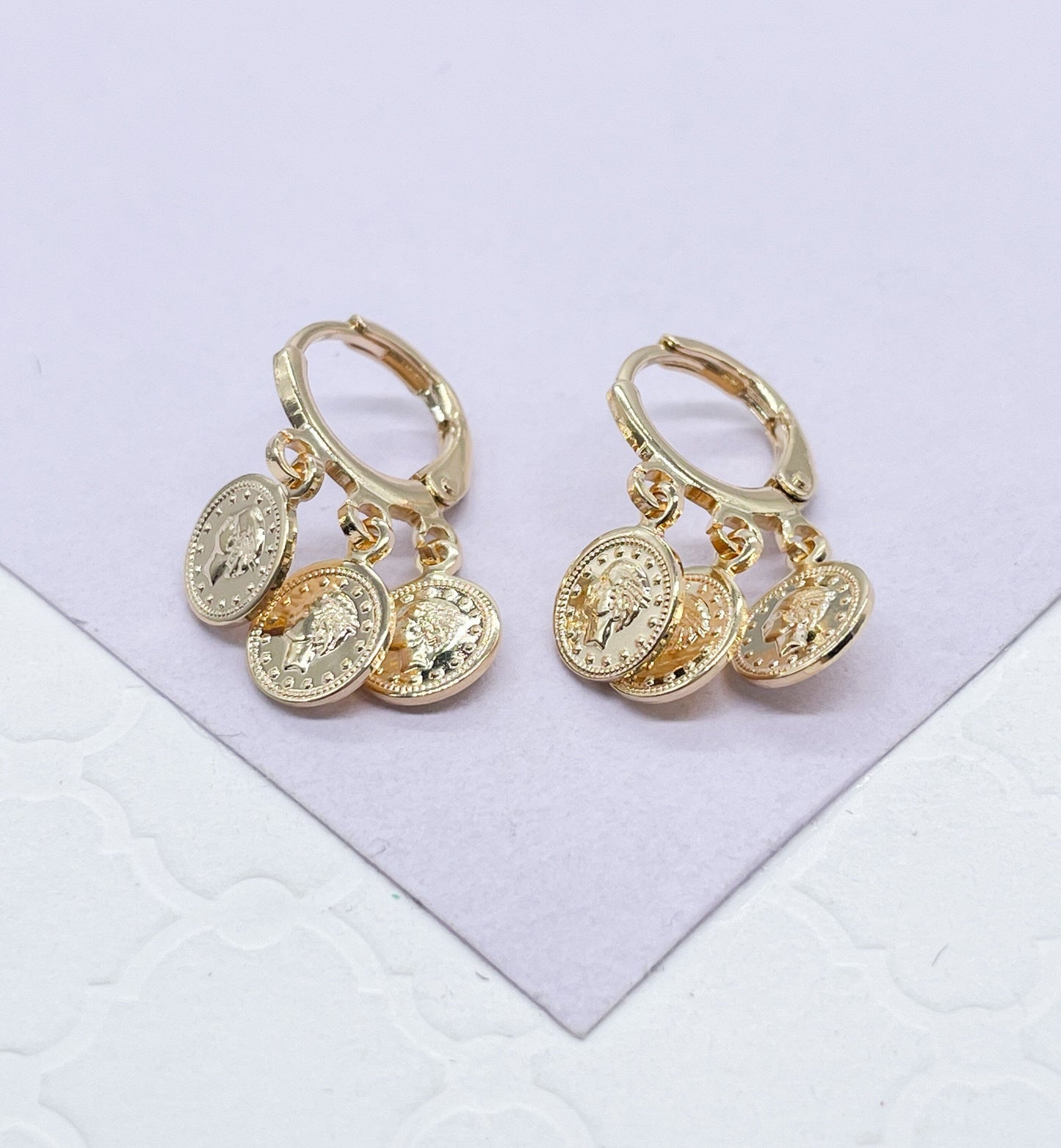 18k GoldFilled Small Hoop With Dangling Medallion Charms, Rome Emperor Coin, Vintage Medalion