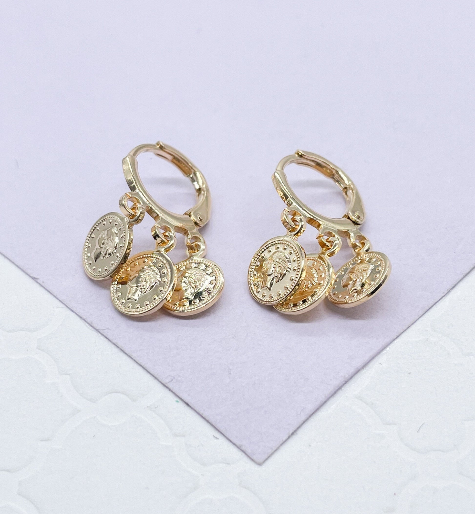 18k GoldFilled Small Hoop With Dangling Medallion Charms, Rome Emperor Coin, Vintage Medalion