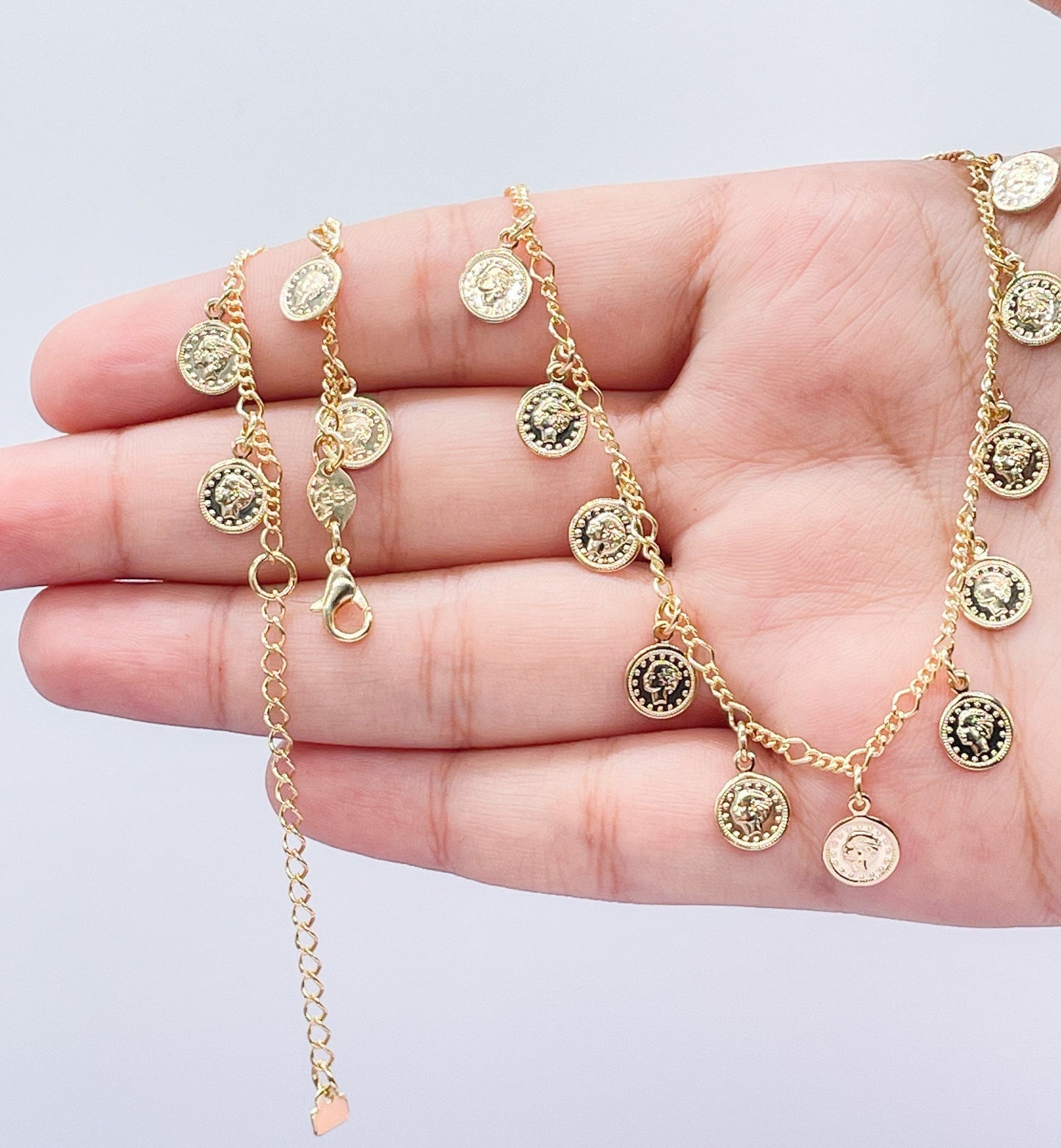 18k GoldFilled Charm Necklace And Bracelet Set With Mini Medallion Charms
